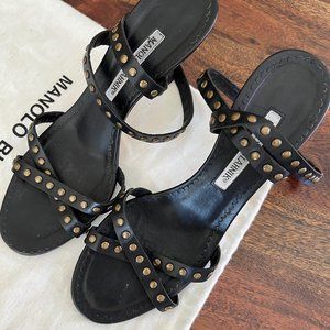 Manolo Blahnik Black Studded Strappy Sandals - Size 38.5